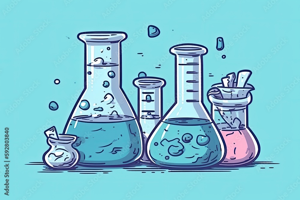 Poster multiple glass flasks filled with colorful liquids on a laboratory table. generative ai