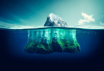An iceberg floating in deep water on, a surrealistic landscape, frost punk, mirrored. Generative AI.
