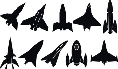 Set of spaceship silhouettes. Set of spaceships vector illustrations. UFO silhouettes vector illustrations set