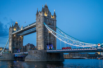 London, the United Kingdom: Tower Bridge on River Thames at night