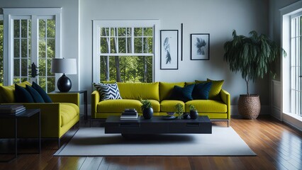Living room with furniture in colors contrasting with the environment