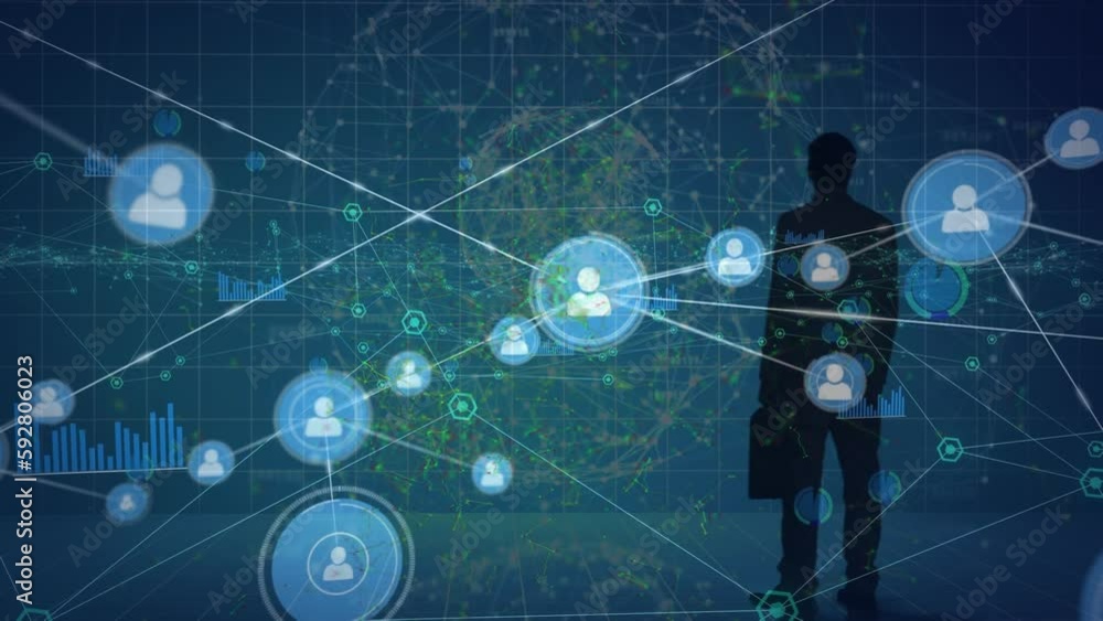 Poster animation of network of profile icons over businessman and globe of network of connections
