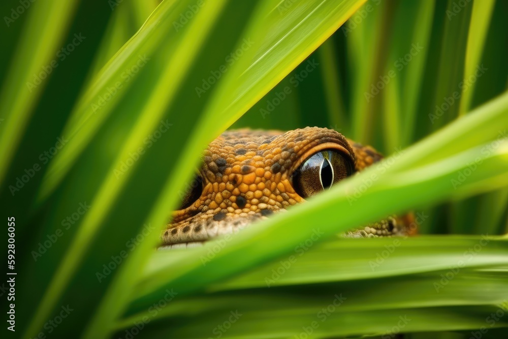 Sticker frogs face peeking through the foliage of a plant. Generative AI