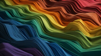 Fototapeta premium Spectacular photograph of bright rainbow fabric that simulates sand dunes, detailed in fabric texture, Generative IA
