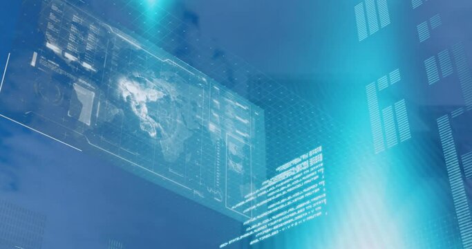 Animation of interface with data processing and blue light spot against tall buildings