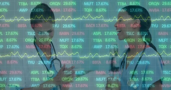 Animation of stock market data processing over diverse female doctor and health worker discussing