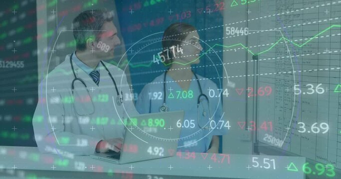 Animation of stock market data processing on caucasian male and female doctor discussing at hospital