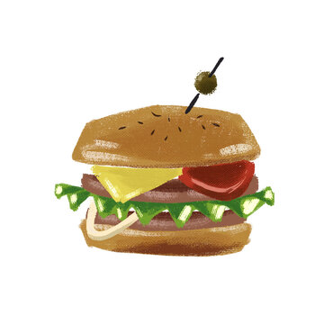 Hamburger Fast Food Illustration Using Dry Ink Brushes And Procreate