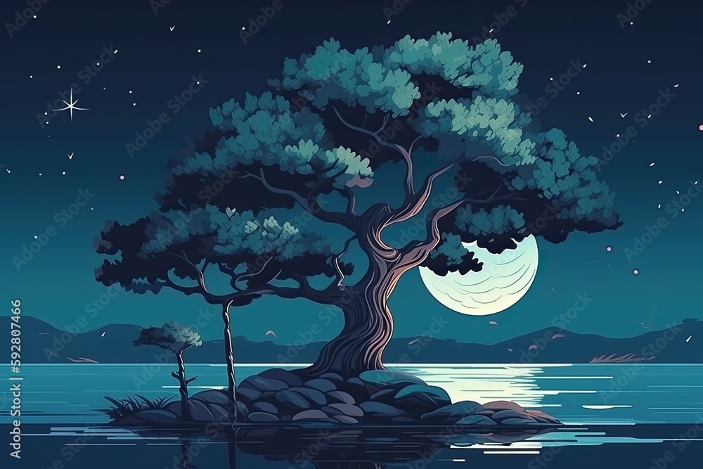 Poster solitary tree on a small island illuminated by a full moon. generative ai
