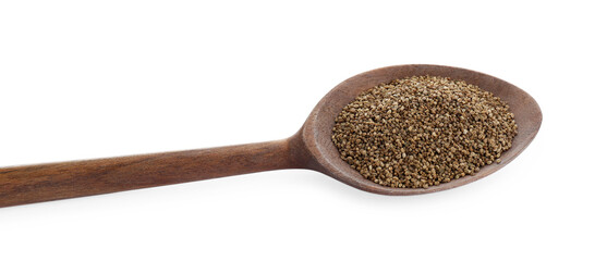 Spoon of celery seeds isolated on white, above view