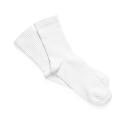 Pair of stylish clean socks isolated on white, top view