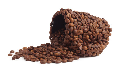 Cup of drink, composition made with coffee beans isolated on white