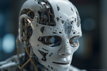 Fototapeta premium Detailed appearance of the deep green AI robot under white background. Concept 3D CG of automatic operation, optimization and block chain. Created with Generative AI.