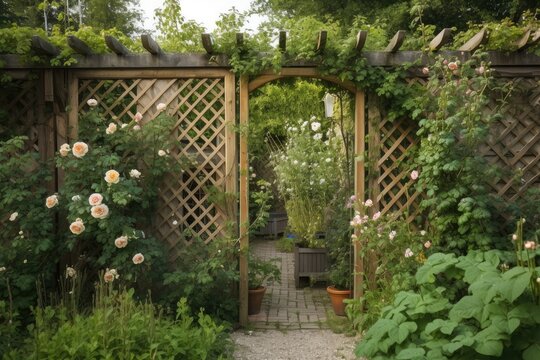 wooden trellis with climbing roses and vines on fence in garden, created with generative ai