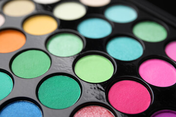 Beautiful eyeshadow palette as background, closeup. Professional cosmetic product