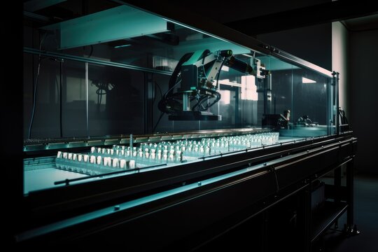 holographic guide leading the way through robotic assembly line, created with generative ai