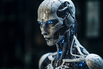 Fototapeta premium Detailed appearance of the deep green AI robot under white background. Concept 3D CG of automatic operation, optimization and block chain. Created with Generative AI.