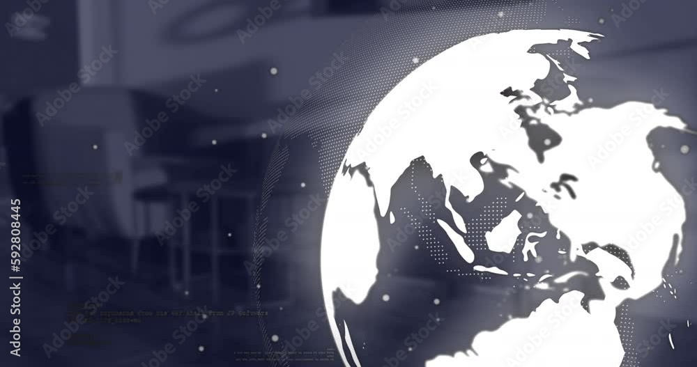 Aufkleber animation of white particles, spinning globe and data processing against empty office