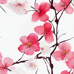 Seamless Pattern of Pink Cherry Flowers. AI generated Illustration. - 592808439