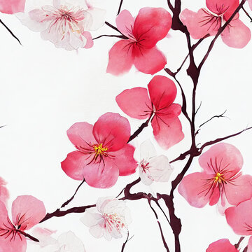 Seamless Pattern of Pink Cherry Flowers. AI generated Illustration.