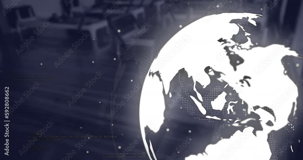 Poster animation of white particles, spinning globe and data processing against empty office