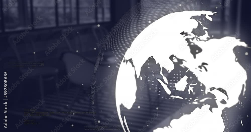 Poster animation of white particles, spinning globe and data processing against empty office