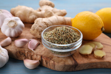 Cold remedies on wooden board, closeup. Cough treatment