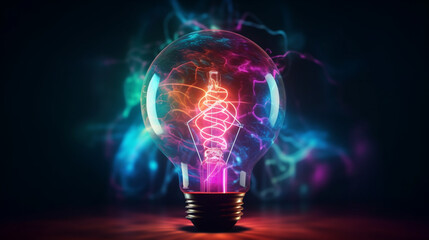 Light bulb with neon lights, abstract glowing background, digital illustration Generative AI