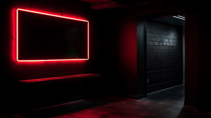 Fototapeta premium Rectangle red neon light on black wall Generative AI