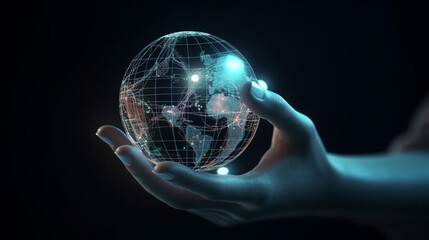 robot ai hand holding holographic of globe metaverse network metaverse internet social technology Generative AI