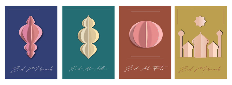 Cut paper elements, decorations and mosque, set of abstract cards, collection of Eid Mubarak greeting postcards in minimalist style