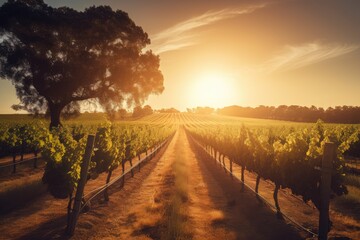 Naklejka na ściany i meble vineyard with rows of grapevines and sun peeking over the horizon, created with generative ai