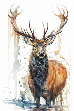 Watercolor of Large Deer Buck . AI generated Illustration.