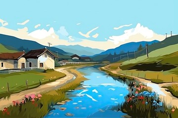 serene rural landscape with a flowing river. Generative AI © The 2R Artificiality