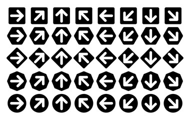 Set of white arrows framed by various black shape. Arrow icon.