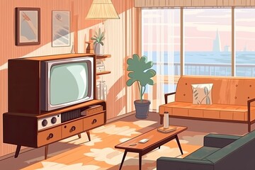 cozy living room with modern furniture and technology. Generative AI