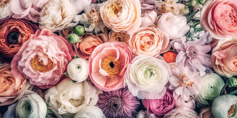 Pastel colored anemone and ranunculus flowers. Floral background. AI Generated - obrazy, fototapety, plakaty
