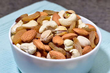 Closeup of mixed nuts in bowl, dry fruits
