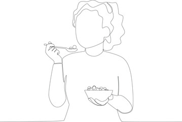A woman having breakfast with a bowl of cereal. Breakfast one-line drawing