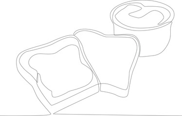 Breakfast menu of two slices of bread and fruit jam in the morning. Breakfast one-line drawing