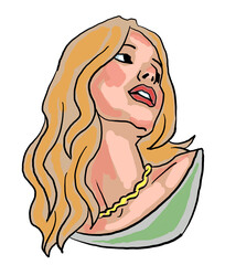 Beautiful young woman looking serious. Model blond girl for beauty salon, hairdressing, cosmetic shop. Girl with long blond hair and big eyes. Hand drawn illustration. Comic cartoon style drawing.