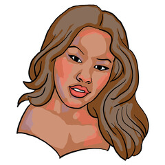 Beautiful young black woman smiling with white teeth. Model girl for beauty salon, hairdressing, cosmetic shop. Girl with long dark hair and big eyes. Hand drawn illustration. Cartoon style drawing.