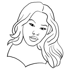 Beautiful young black woman smiling with white teeth. Model girl for beauty salon, hairdressing, cosmetic shop. Girl with long dark hair and big eyes. Hand drawn illustration. Cartoon style drawing.