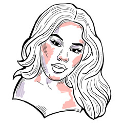 Beautiful young black woman smiling with white teeth. Model girl for beauty salon, hairdressing, cosmetic shop. Girl with long dark hair and big eyes. Hand drawn illustration. Cartoon style drawing.