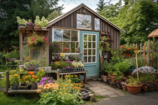 an old shed with a new greenhouse attached, bursting with colorful blooms, created with generative ai