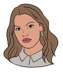 Beautiful young woman looking serious. Model blond girl for beauty salon, hairdressing, cosmetic shop. Girl with long blond hair and big eyes. Hand drawn illustration. Comic cartoon style drawing.