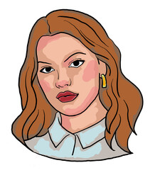 Beautiful young woman looking serious. Model blond girl for beauty salon, hairdressing, cosmetic shop. Girl with long blond hair and big eyes. Hand drawn illustration. Comic cartoon style drawing.