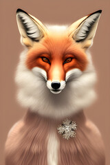 portrait of a red fox in winter on a light background, snow on wool, generative ai