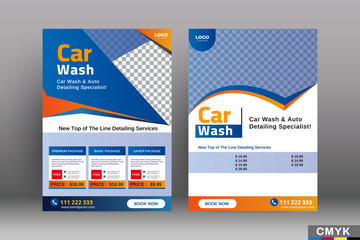 Car wash flyer, poster, printable, brochure, magazine, annual report, booklet, cover banner template. Modern washing technology flyer design. Size A4 CMYK Vector illustration