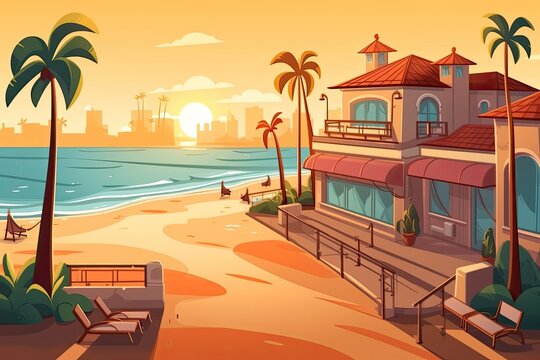 tropical beach scene with a colorful building and swaying palm trees. Generative AI